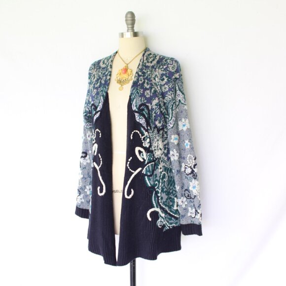 Anthropologie HWR Monogram Emma embroidered wool waterfall Cardigan Sweater M - Picture 8 of 12